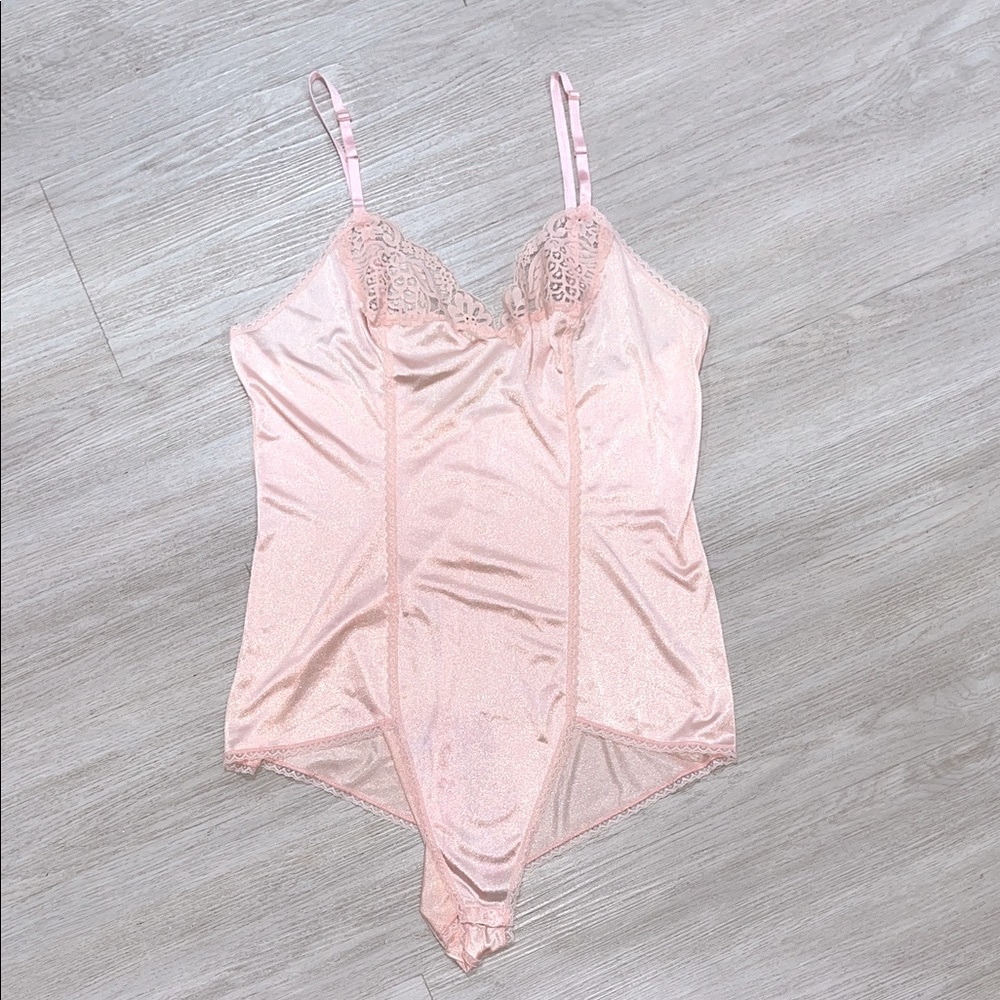 Vintage Pink Lace Satin Bodysuit Small